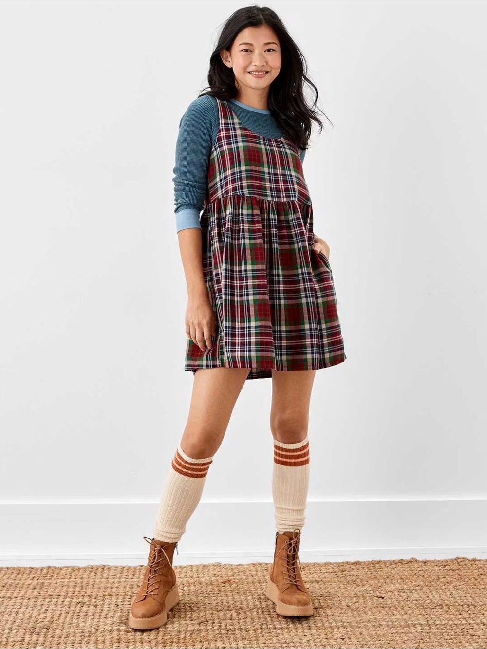American Eagle Plaid Babydoll Mini Dress with pockets